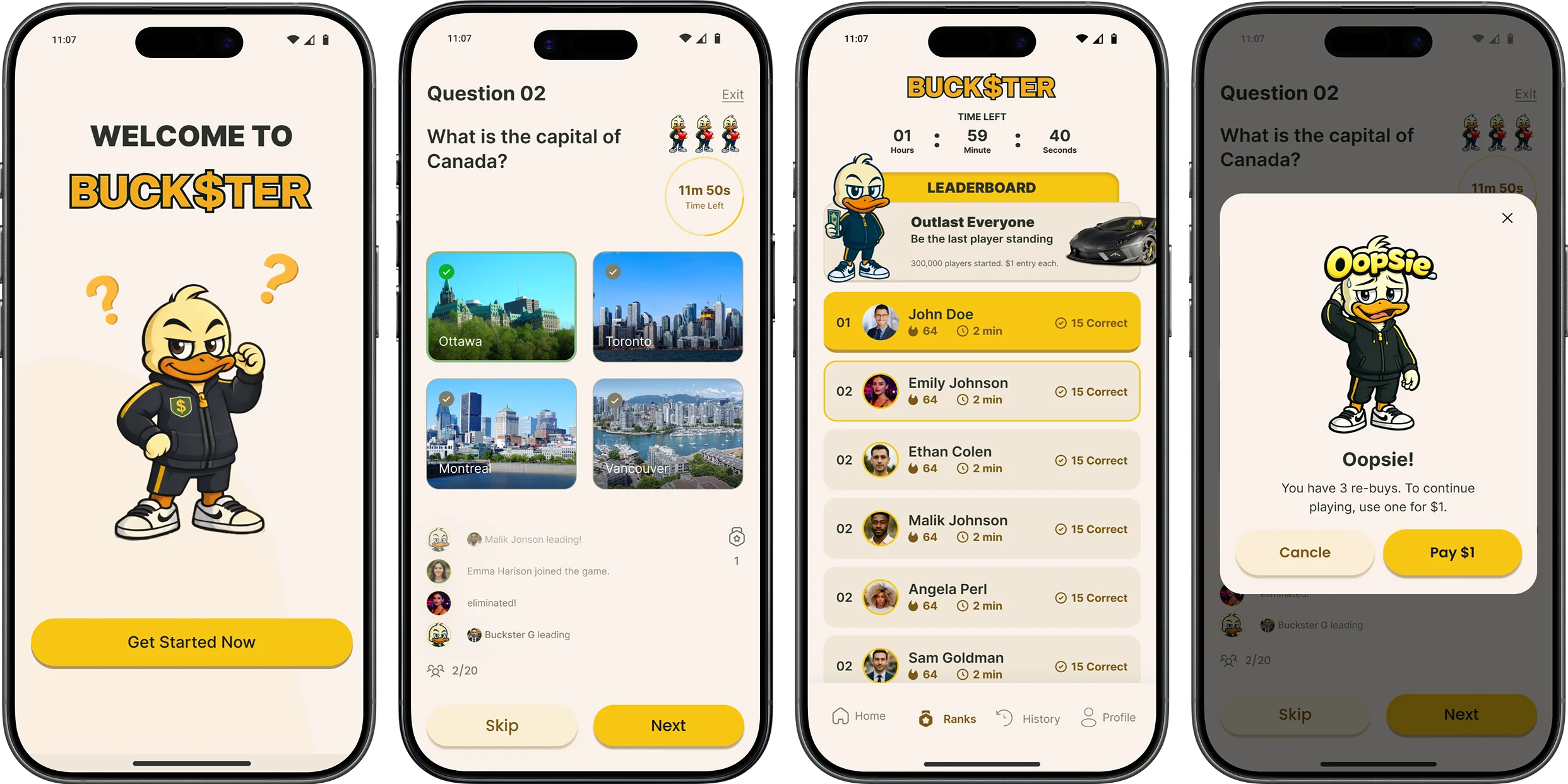Buckster App Screenshots — Welcome, Trivia Question, Leaderboard, Oopsie Modal