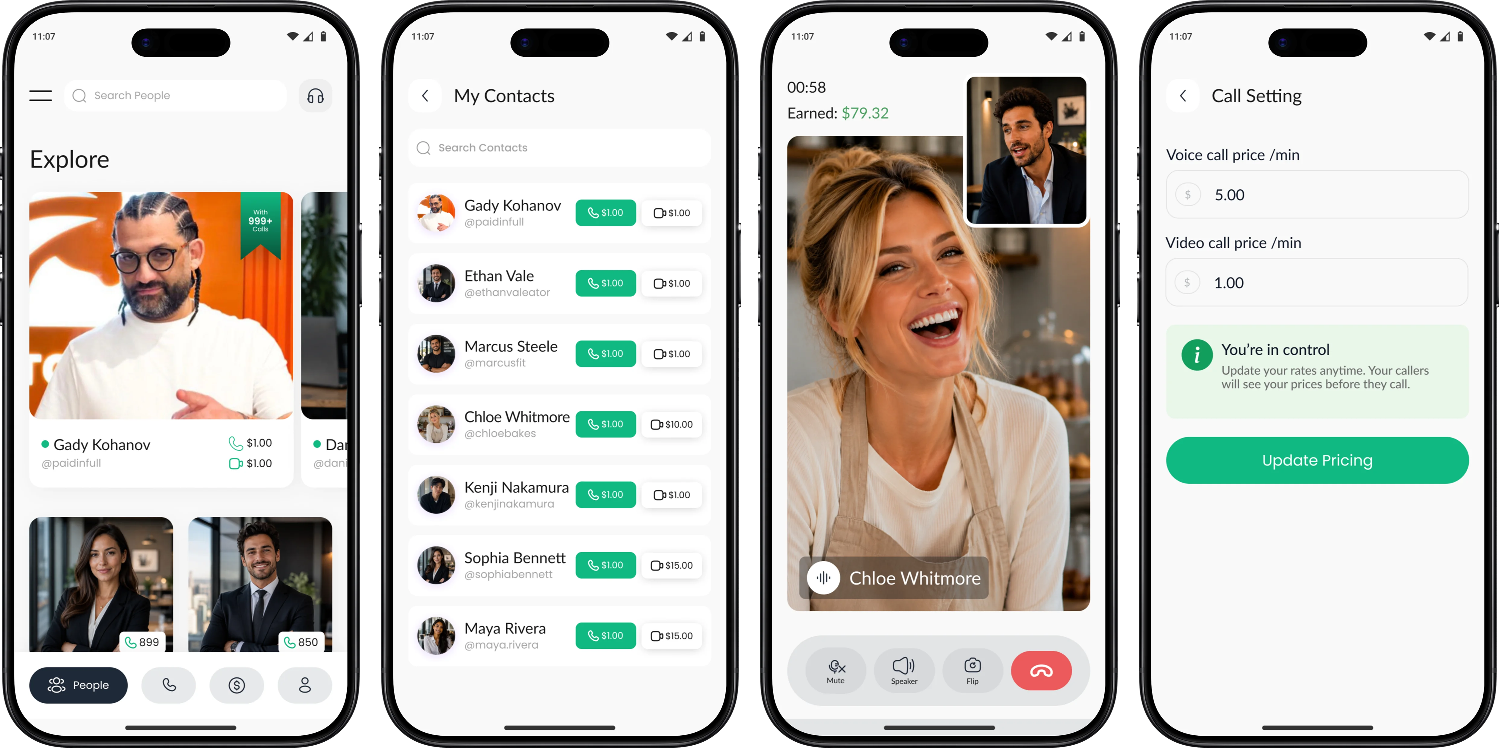 PayFon App Screenshots — Explore, Contacts, Video Call, Call Settings